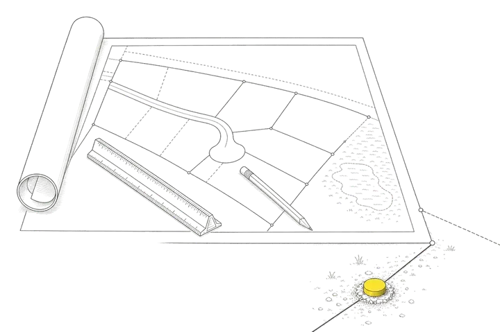 Line illustration of a recorded plat whose lot lines continue onto the ground to a found monument