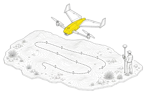 A fixed-wing mapping drone over contoured terrain