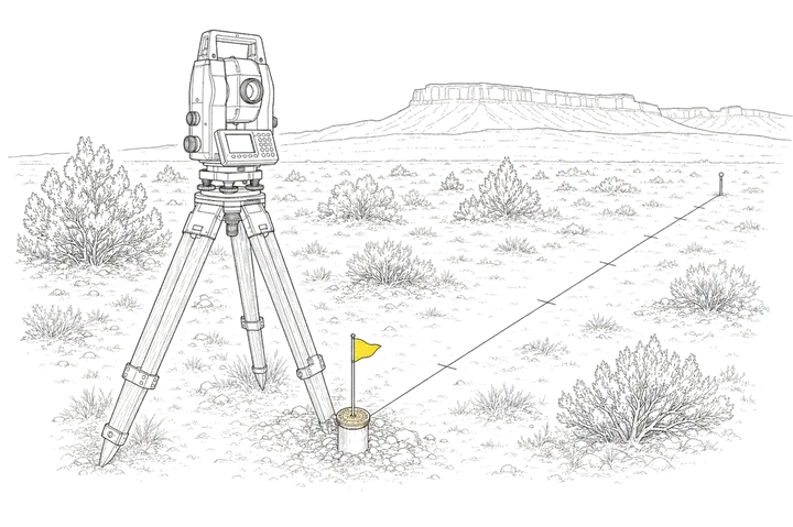 Line illustration of a total station over a brass monument with a boundary line running to a corner pin