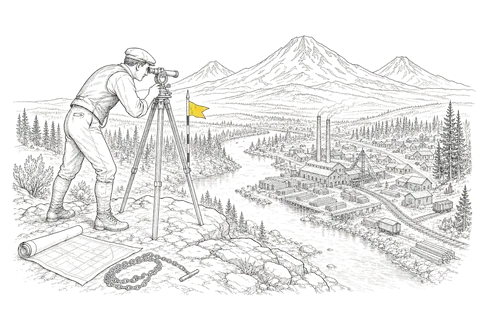 A 1920s surveyor at a transit above the mill town
