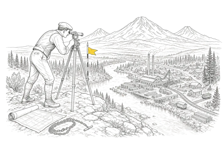 Line illustration of a 1920s surveyor at a transit on the rim above Bend, with the mill, the river, and the Cascades beyond