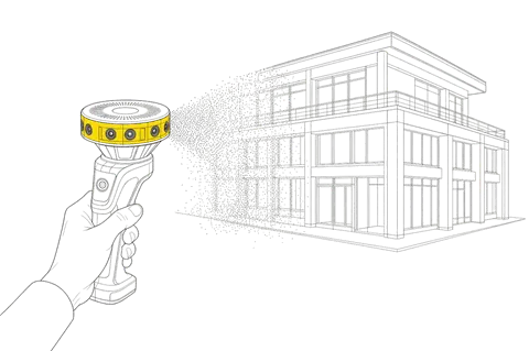A handheld scanner resolving a building into a wireframe