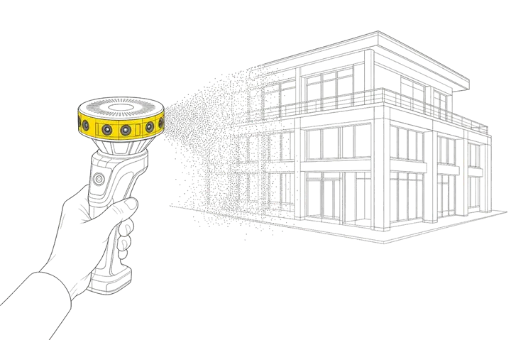 Line illustration of a handheld scanner turning a building from point cloud into a wireframe model