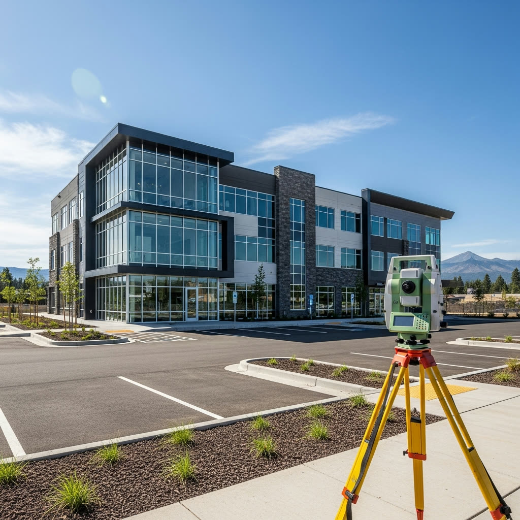 Surveying instrument outside a commercial office building