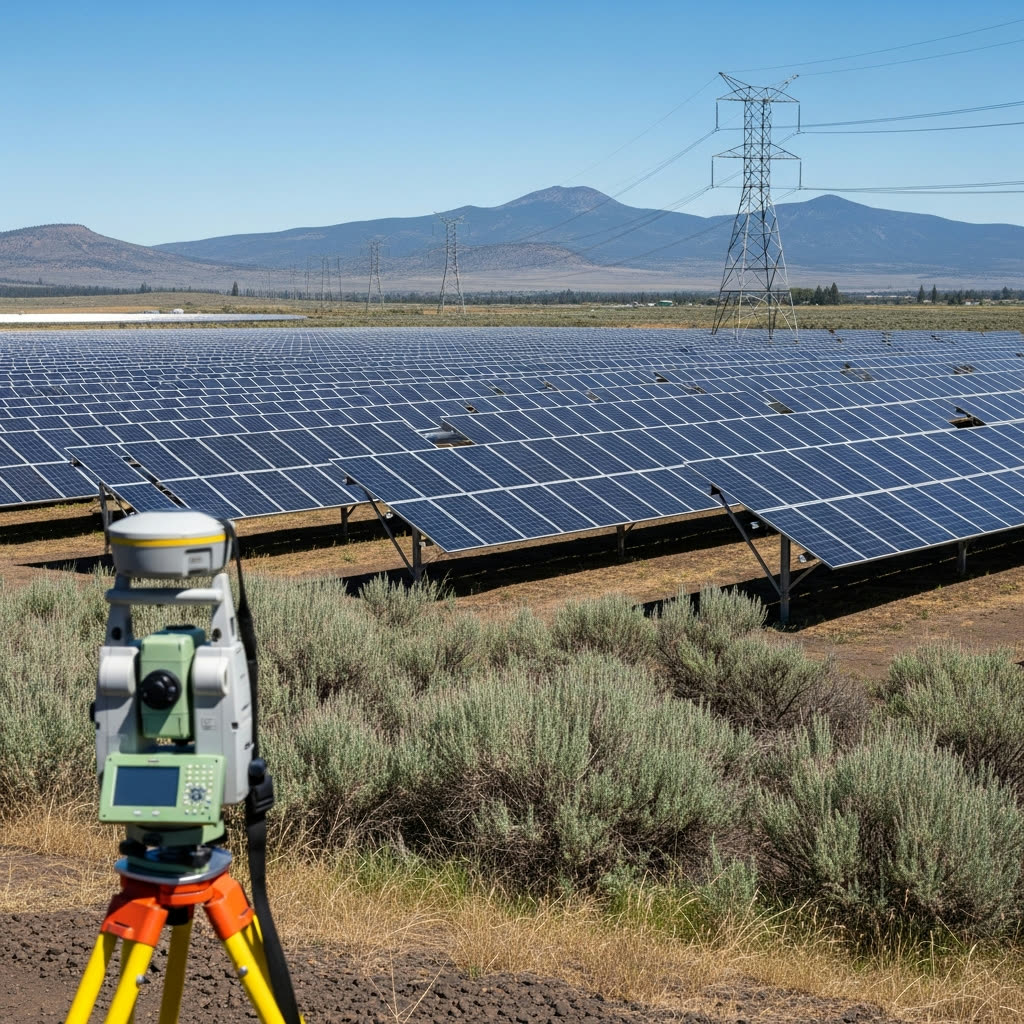 Surveying instrument beside a solar array and electrical transmission lines