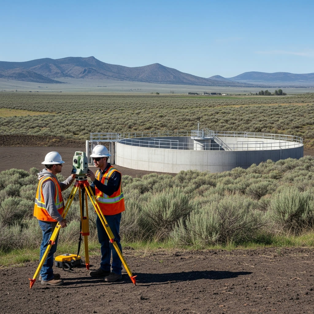 Survey crew working beside a circular concrete water tank